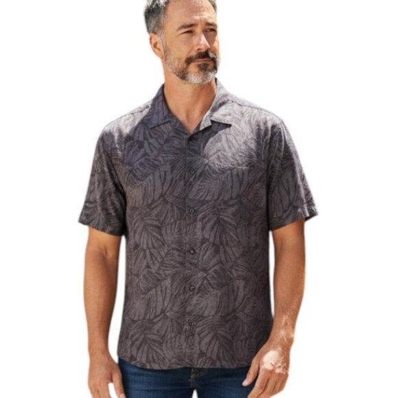 Perry Ellis Men’s XL Linen Rayon Leaf Print Hawaiian Shirt Short Sleeve Retro - Picture 1 of 5